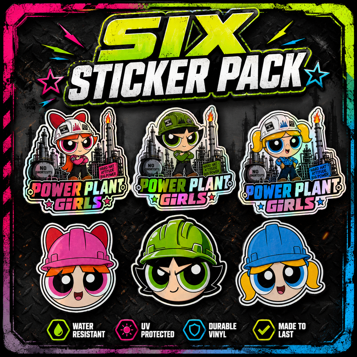 6 Pack POWER PLANT GIRLS STICKERS